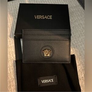 Versace Black Leather Card Holder with Gold Medusa Accent